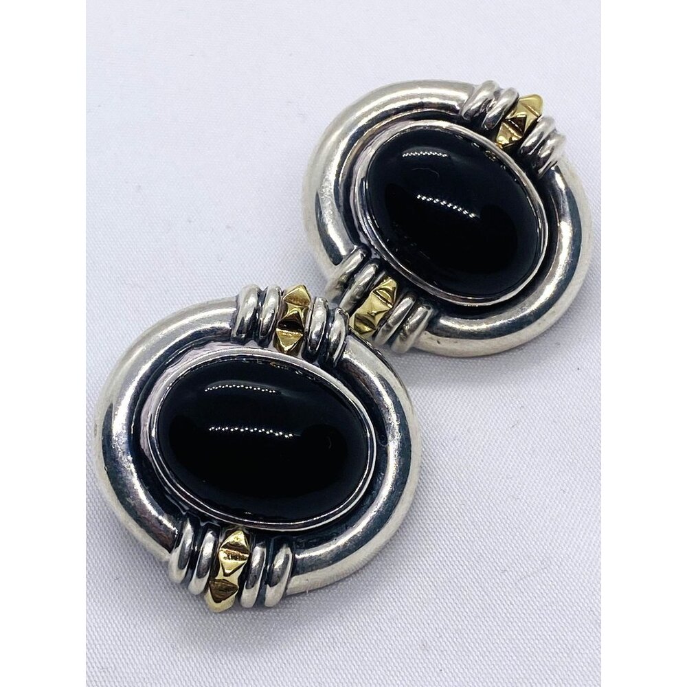 Lagos Caviar XL Black Stone Clip on With Post Earrings Silver and Gold